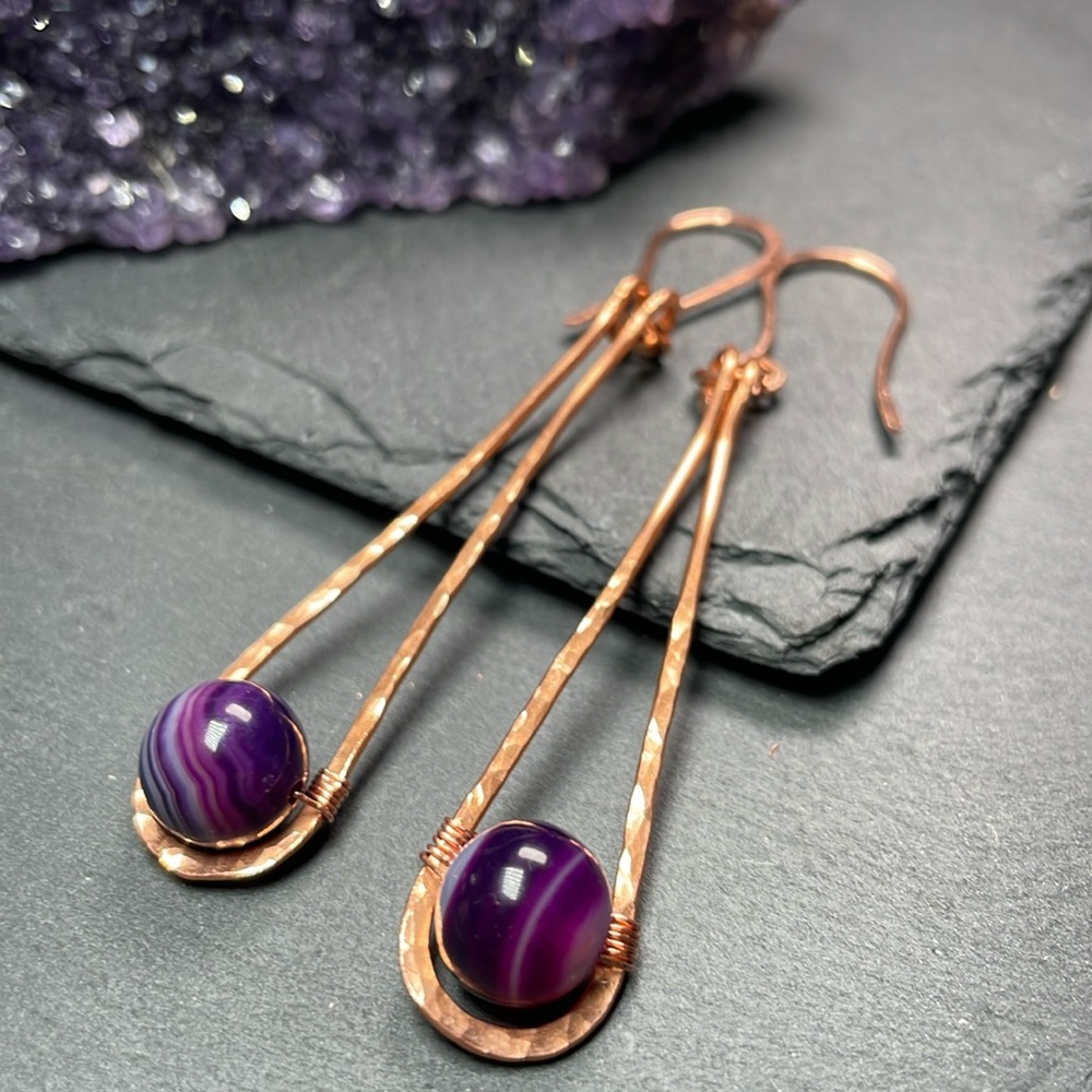 Purple Crazy Laced Agate Hammered Copper Dangle Earrings - Picture 6 of 11